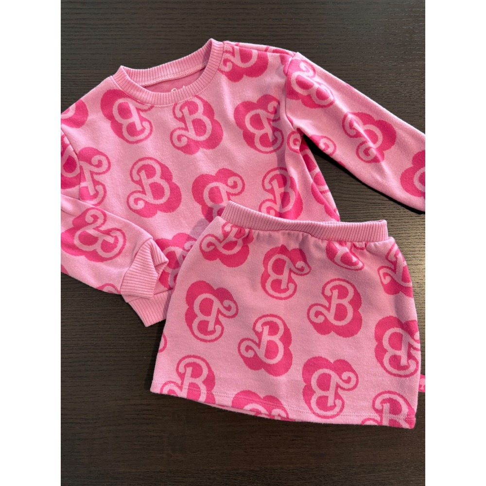 Barbie Logo Knit Sweatshirt and Skirt Set Kids 3T Pink All-Over Heart Print